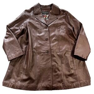 Centigrade Leather Brown Car Coat Jacket Floral Lining Womens XL Extra Large